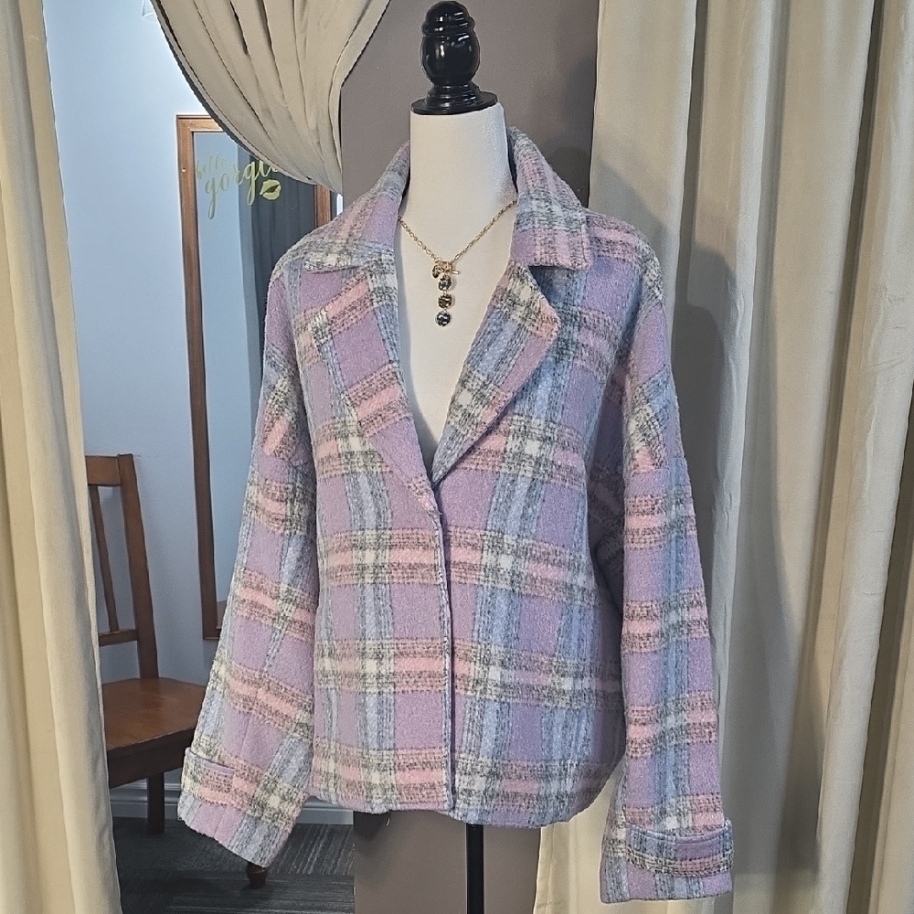 Chic Plaid Blazer in Pink and Gray